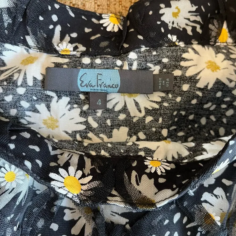 Eva Franco Midi Skirt Size 4 Tunisia Black Daisies Double Layer Overlay Tulle